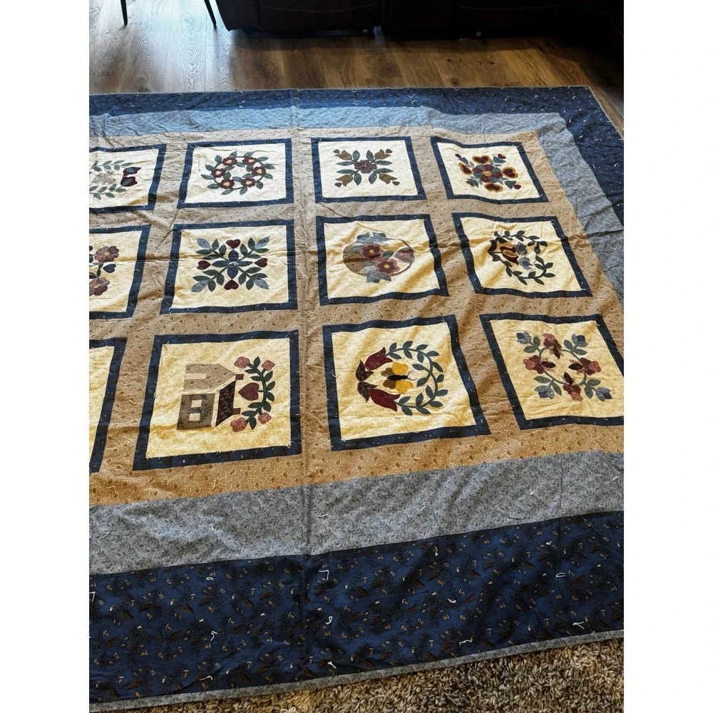 Vintage Handmade Applique Folk Art Quilt King Queen 106x89‎ Floral Country Home
